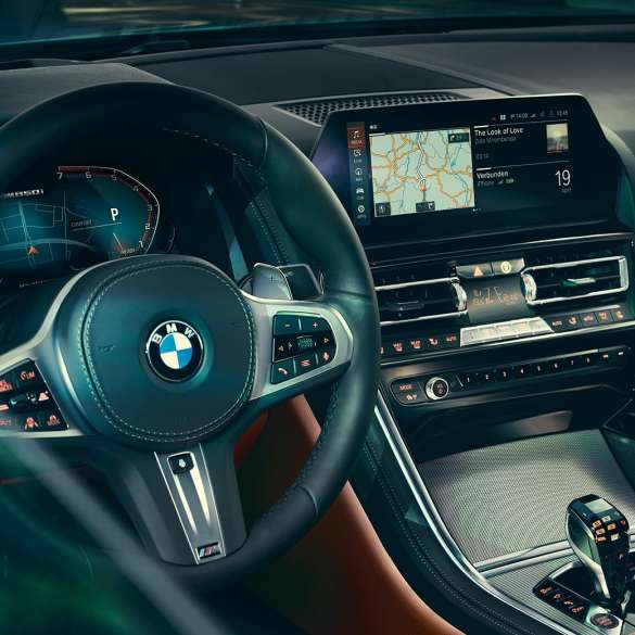 BMW radu 8 Coupé, kokpit. BMW radu 8 Coupé, kokpit, detailný pohľad na volant a displej systému iDrive.
