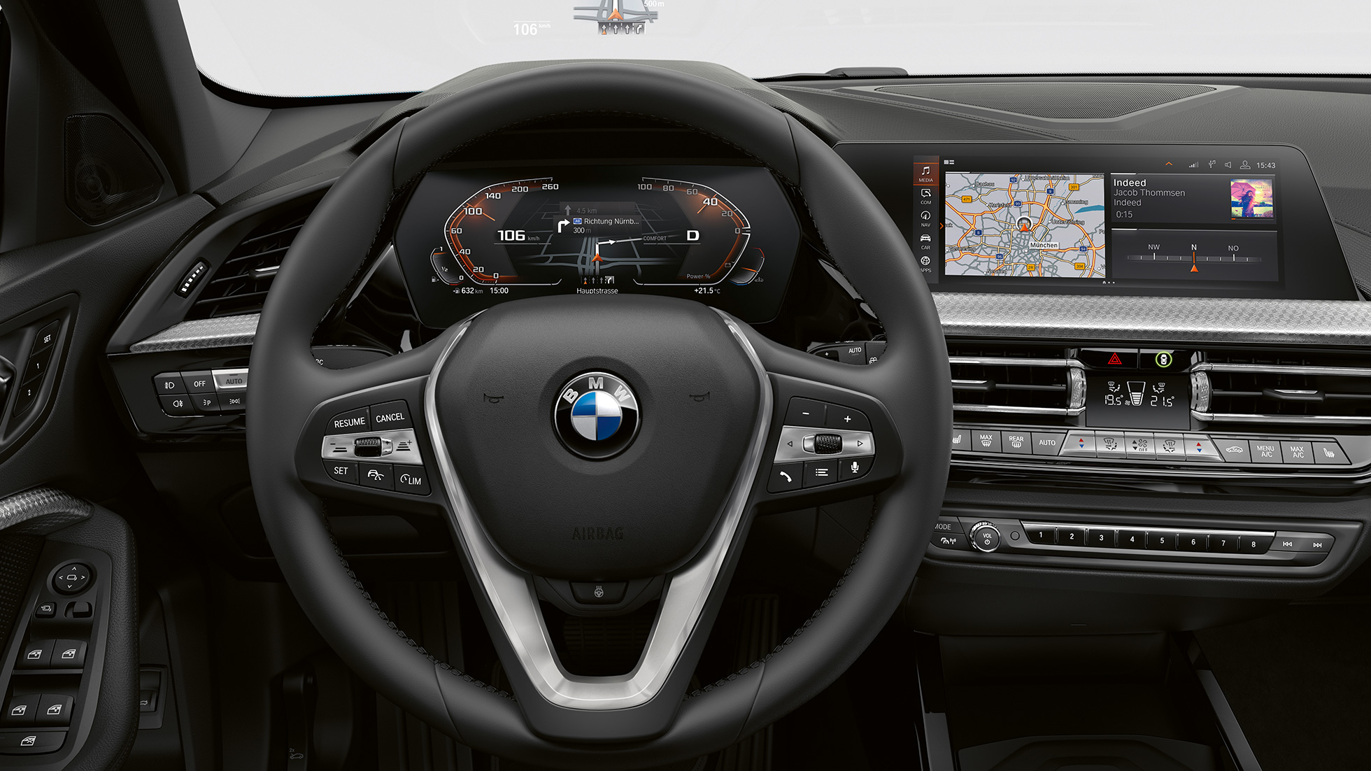 Športový kožený volant. BMW radu 1 Model Luxury Line, kokpit so športovým koženým volantom.