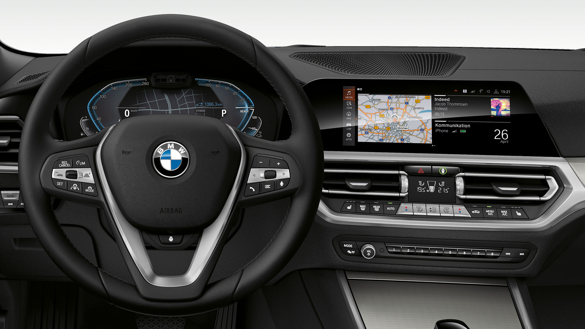 BMW radu 3 Sedan, kokpit 330e. Dedatilný pohľad na kokpit BMW radu 3 Sedan s i-špecifickými prístrojmi.