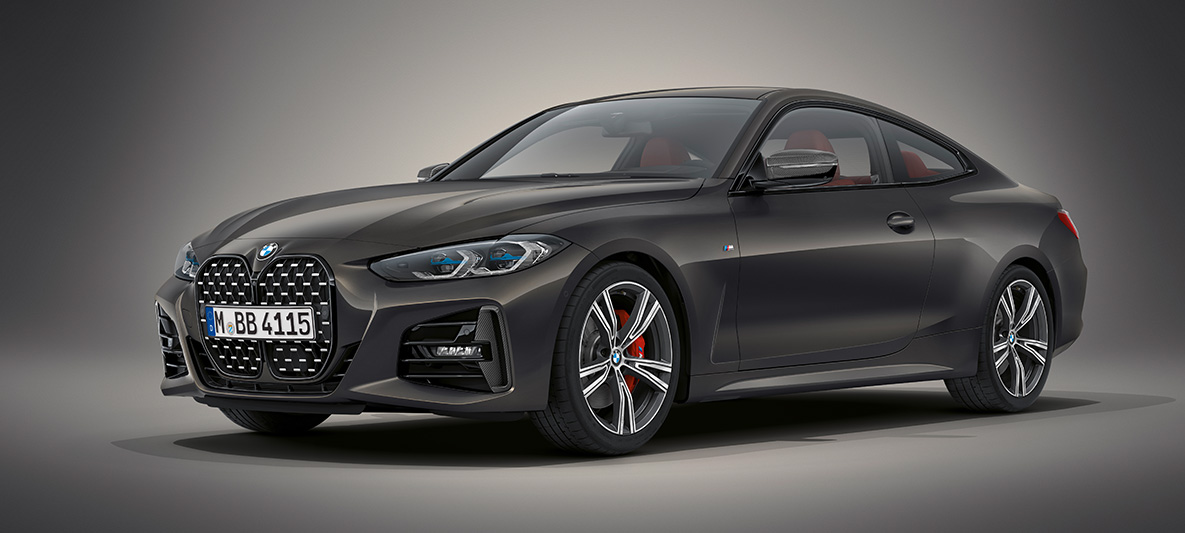 BMW Individual metalíza Dravite Grey BMW radu 4 Coupé G22 2020 BMW radu 4 Coupé metalíza Individual Dravite Grey G22 2020 predobočný pohľad statický