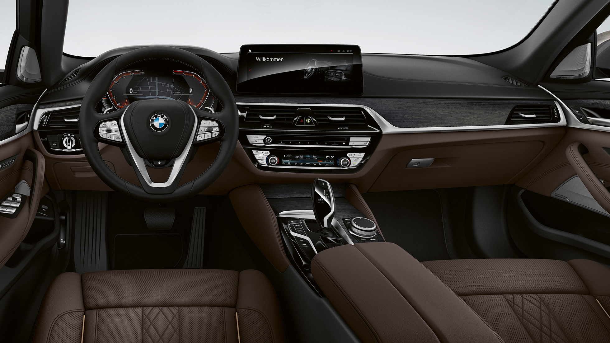 Kokpit BMW radu 5 Sedan G30 Luxury Line Kokpit BMW radu 5 Sedan 520d xDrive G30 2020 Luxury Line exkluzívna koža Nappa Mocha s exkluzívnym prešívaním a kontrastným lemovaním interiér