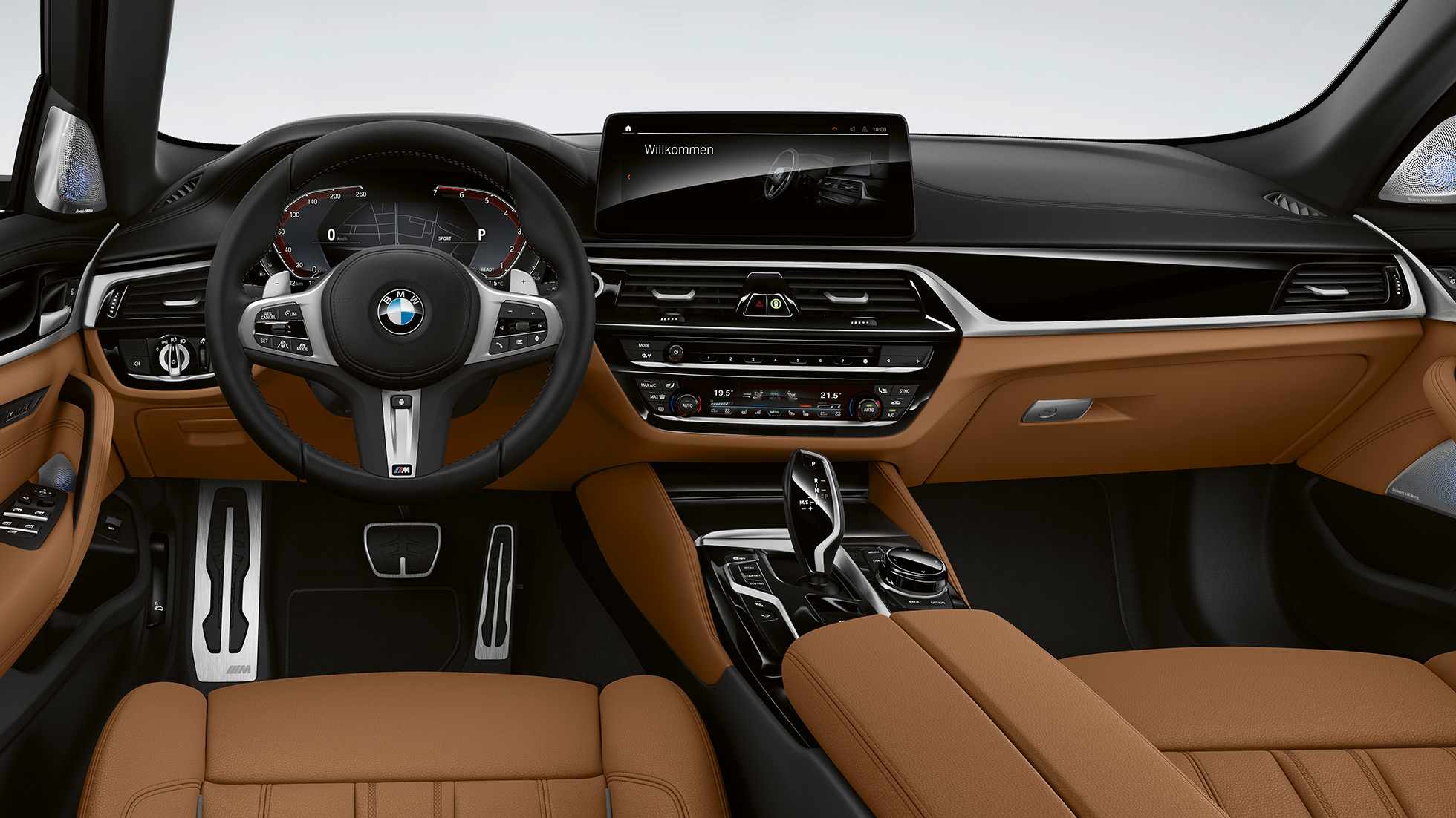 Kokpit BMW radu 5 Touring G31 M Sport balík Kokpit BMW radu 5 Touring 530e G31 2020 M Sport balík koža Dakota Cognac s exkluzívnym prešívaním a kontrastným lemovaním interiér
