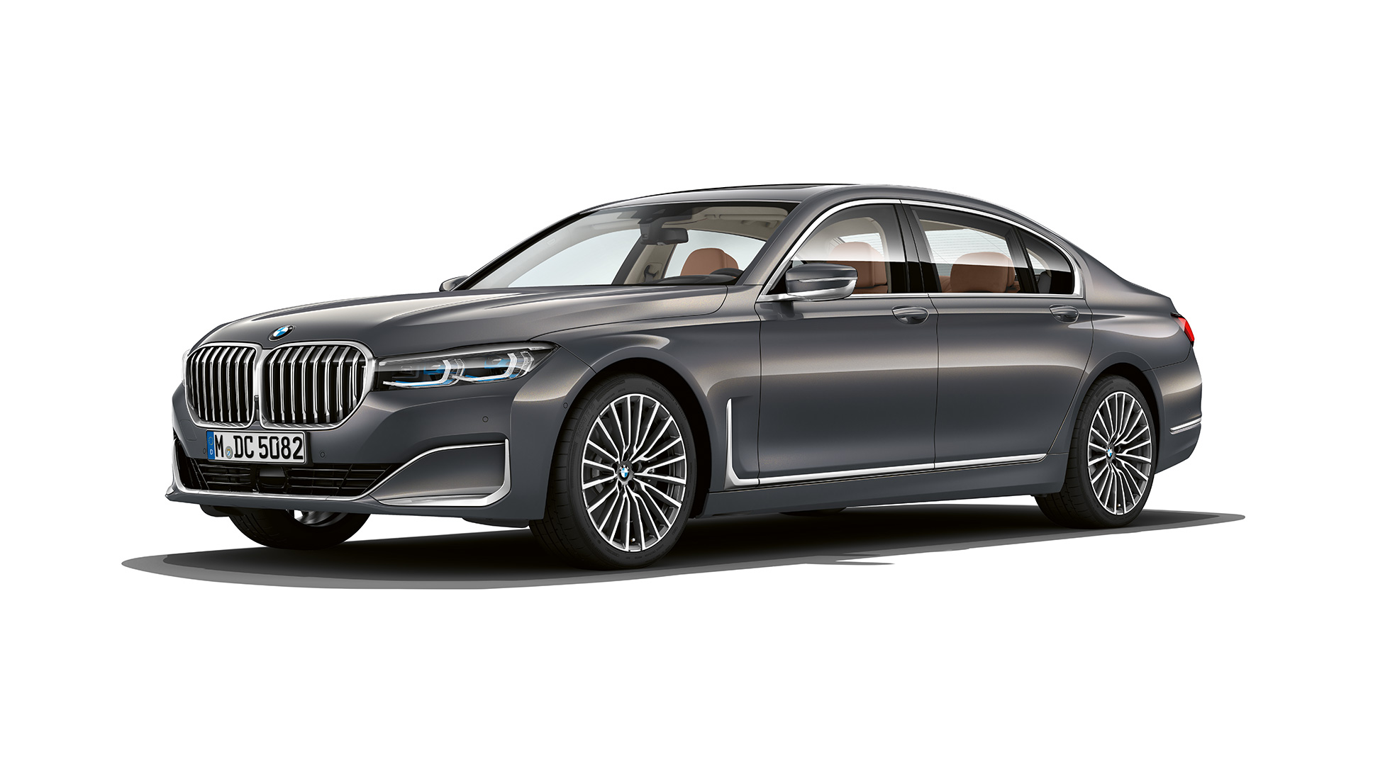 BMW radu 7 Sedan s dizajnom exteriéru Pure Excellence, trojštvrťový pohľad spredu Sivé BMW radu 7 Sedan s dizajnom exteriéru Pure Excellence v trojštvrťovom pohľade spredu