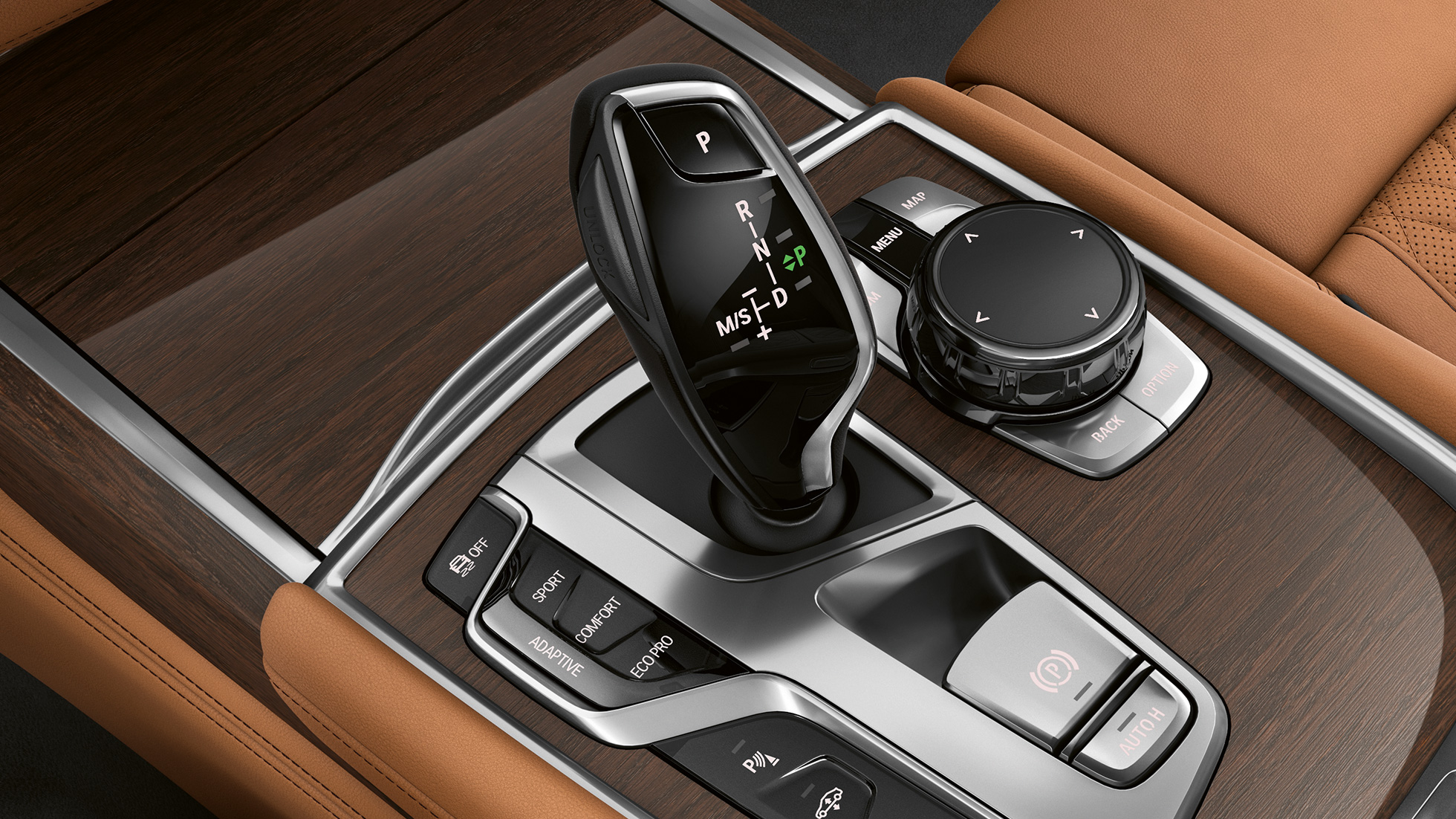 BMW radu 7 Sedan s dizajnom exteriéru Pure Excellence, volič automatickej prevodovky BMW radu 7 Sedan s dizajnom exteriéru Pure Excellence: Detail voliča automatickej prevodovky
