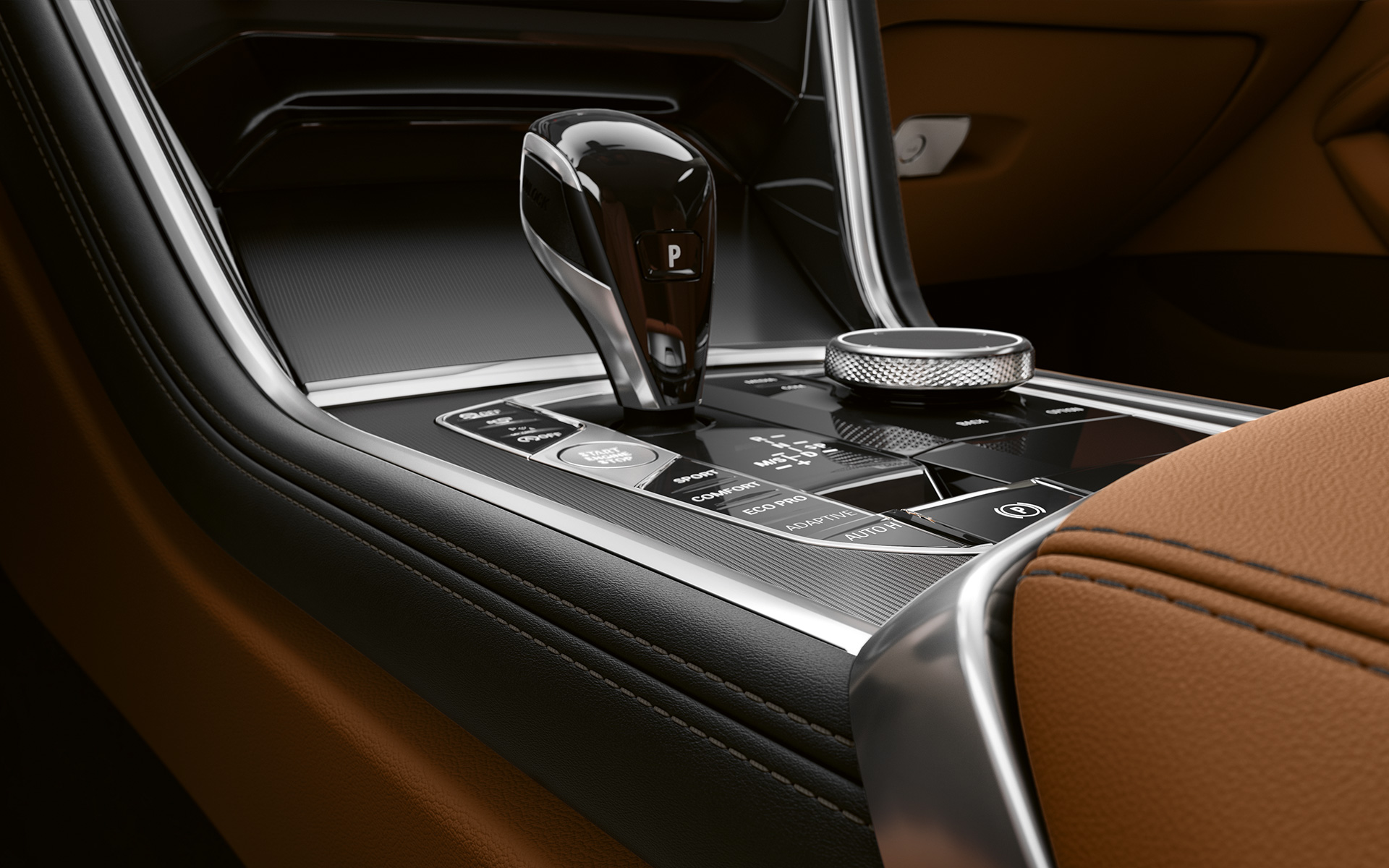 BMW radu 8 Coupé, stredová konzola Detail na stredovú konzolu BMW radu 8 Coupé.