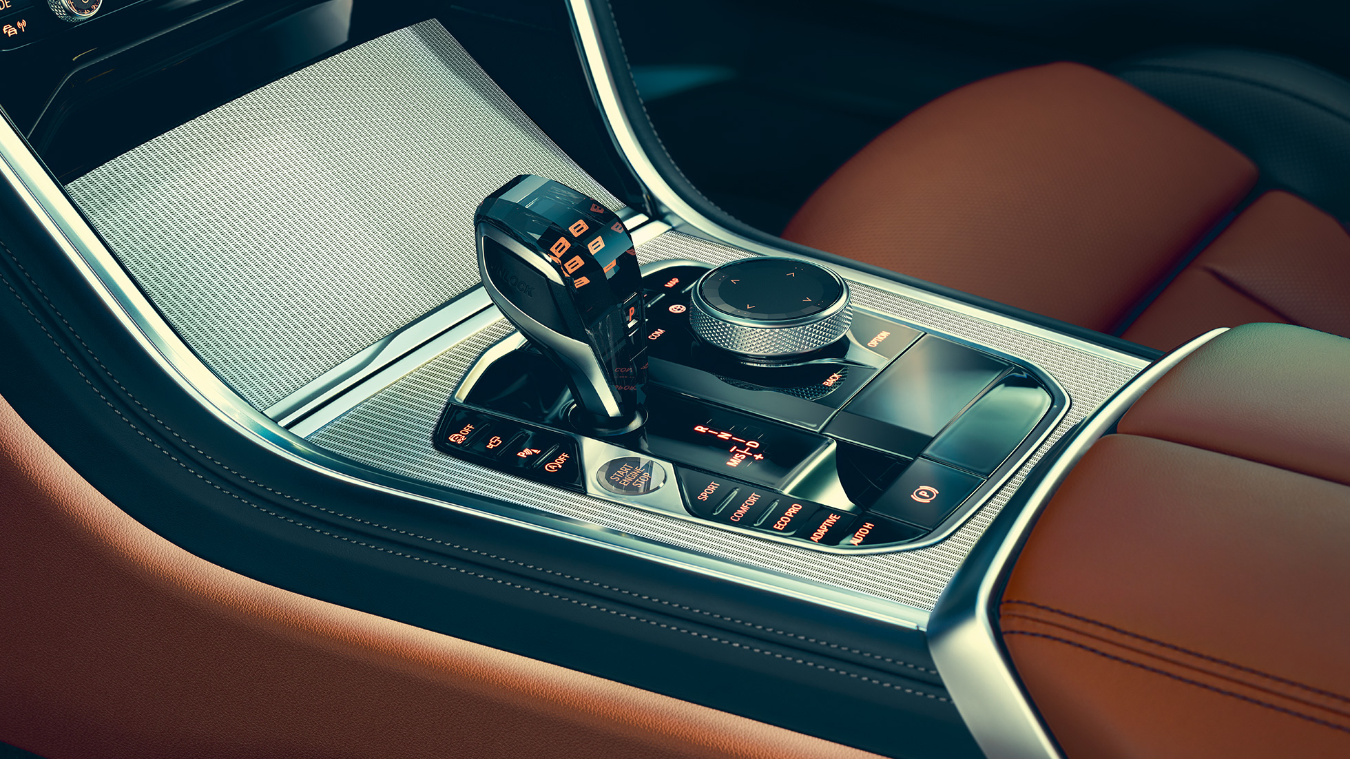 BMW radu 8 Coupé, interiér. BMW radu 8 Coupé, interiér, detailný pohľad na voliacu páku prevodovky.