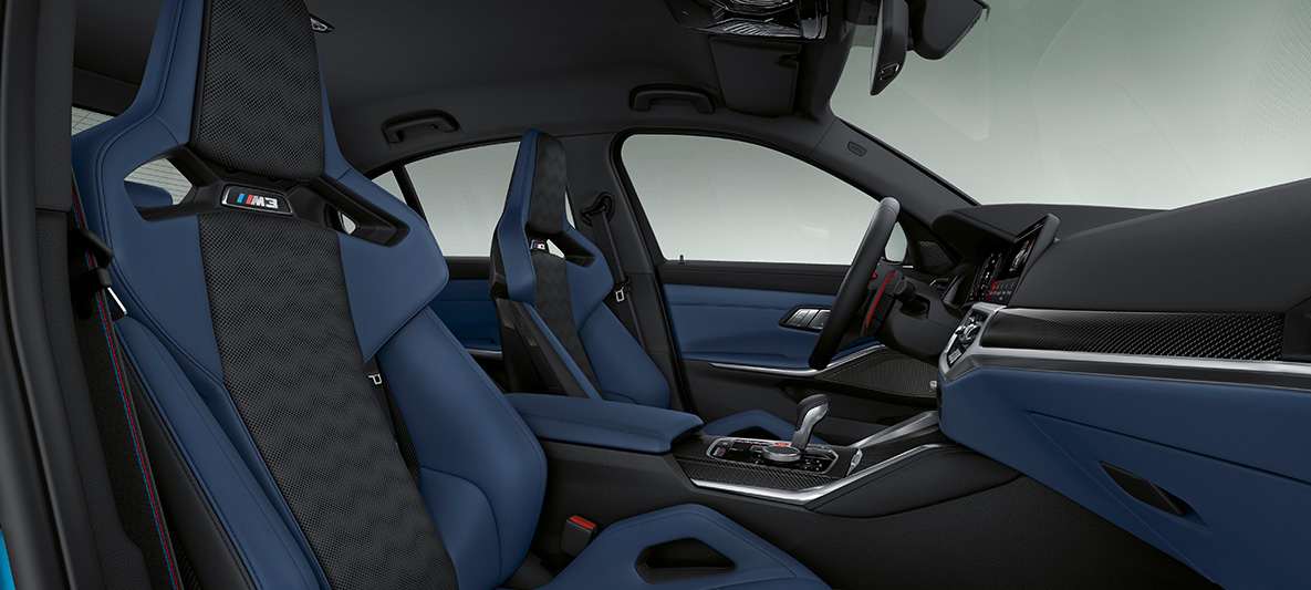 BMW Individual celokožené čalúnenie Merino Fjord Blue/Black BMW M3 Sedan G80 2021 interiér BMW Individual celokožené čalúnenie Merino Fjord Blue/Black BMW M3 Sedan G80 2021 interiér