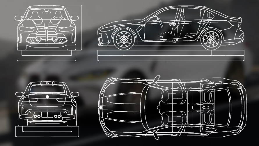 Náčrt s rozmermi BMW M3 CS G80 Náčrt s rozmermi BMW M3 CS G80
