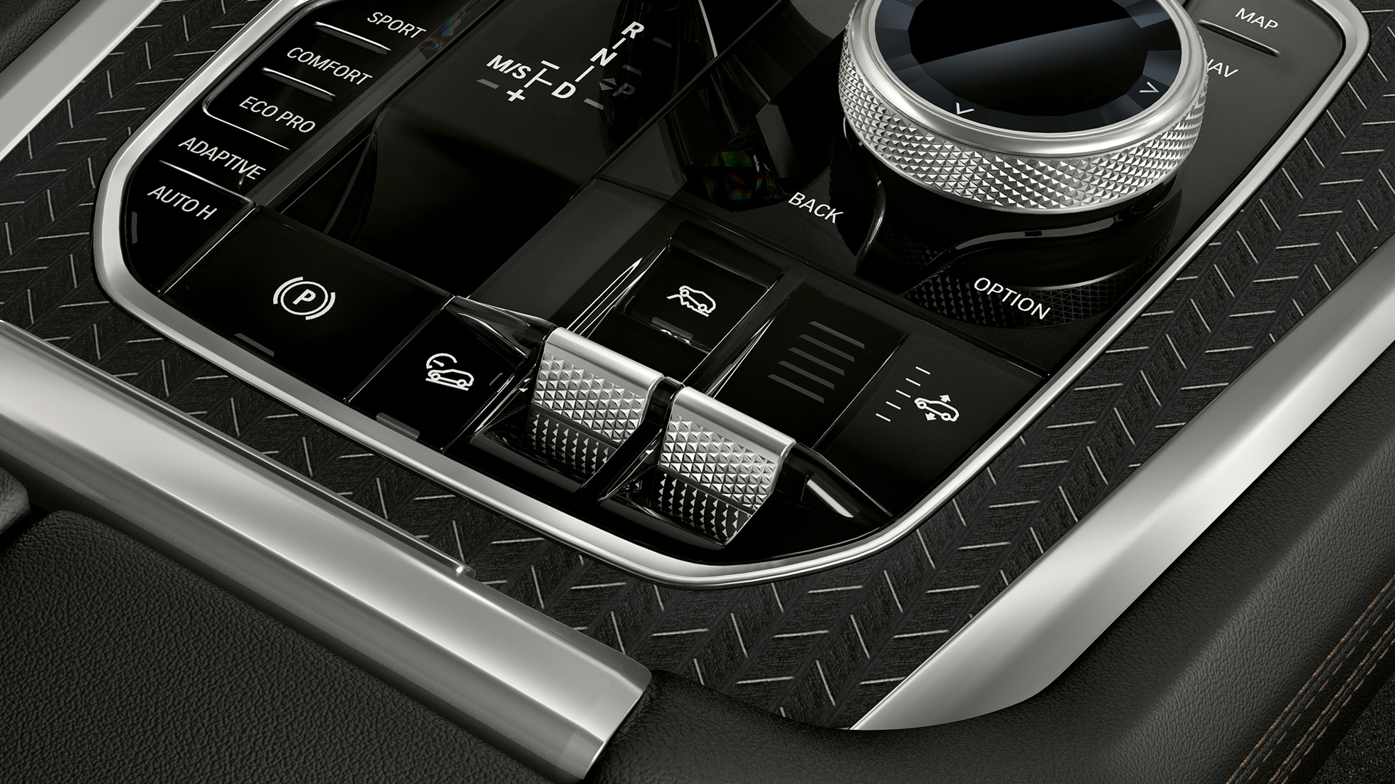 Stredová konzola BMW X6. Detail interiéru BMW X6 so zameraním na stredovú konzolu.