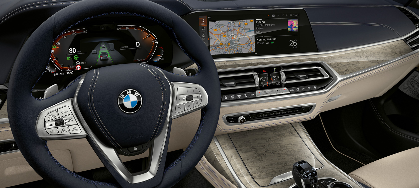 Inovatívne prvky BMW X7 Kokpit BMW X7 so zameraním na prístroje a panel vodiča