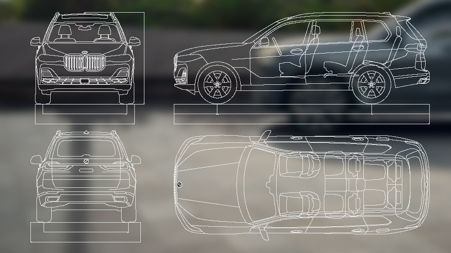 Nákres rozmerov BMW X7 G07 LCI Nákres rozmerov predný bočný zadný horný pohľad BMW X7 G07 LCI