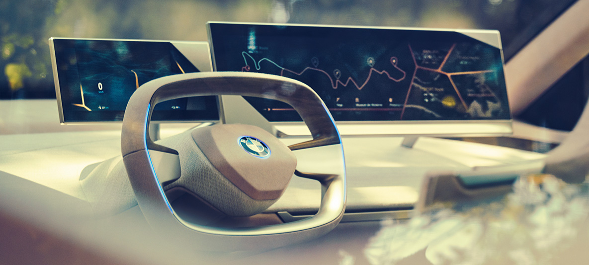 Interiér BMW Vision iNEXT Interiér BMW Vision iNEXT s volantom a palubnou doskou