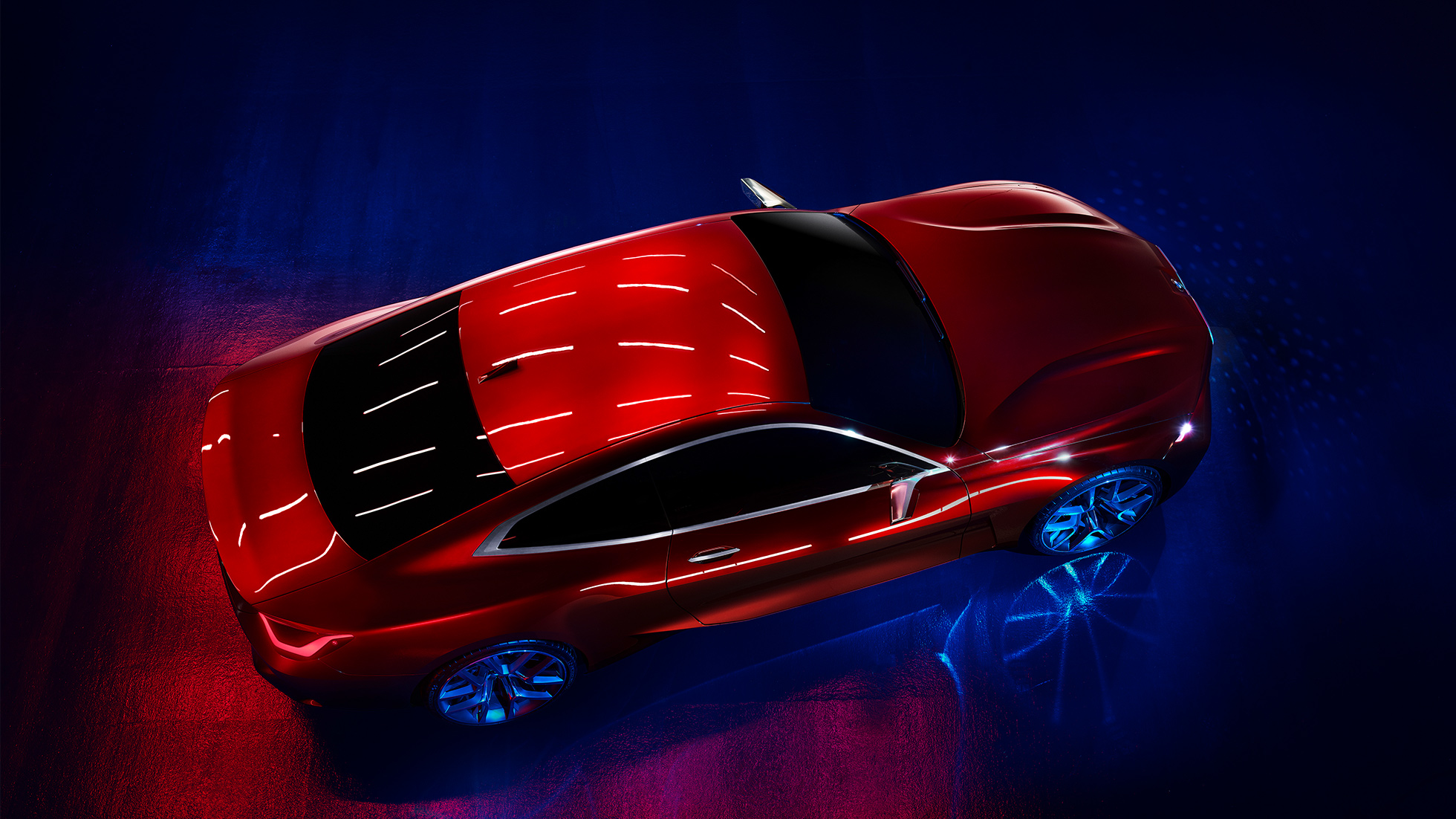 Vzrušujúca farba karosérie Forbidden Red BMW Concept 4 Vzrušujúca farba karosérie Forbidden Red BMW Concept 4, exteriérový dizajn, pohľad z vtáčej perspektívy