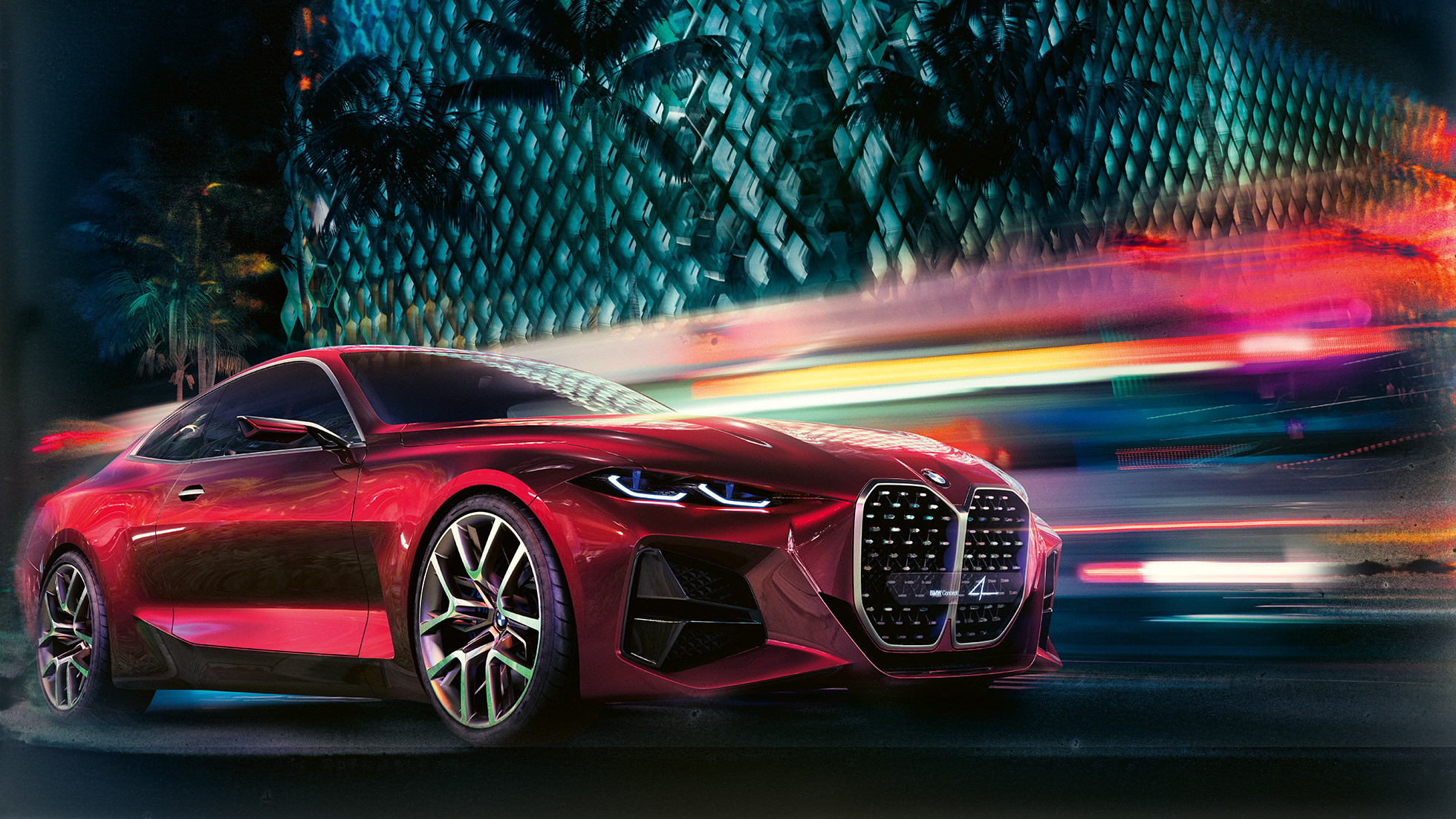 BMW Concept 4 trojštvrťový predný pohľad BMW Concept 4 Forbidden Red, dizajn exteriéru, trojštvrťový predný pohľad