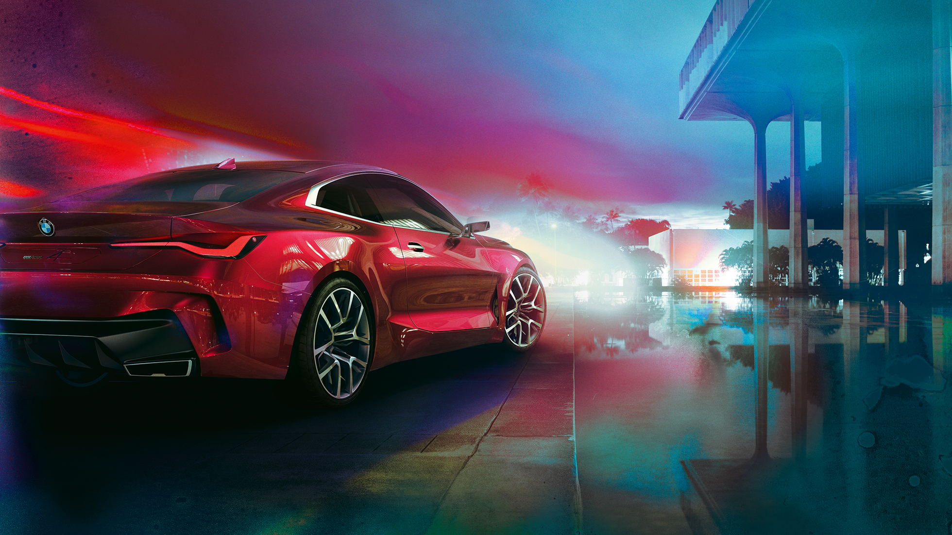BMW Concept 4 trojštvrťový zadný pohľad BMW Concept 4 Forbidden Red, dizajn exteriéru, trojštvrťový zadný pohľad