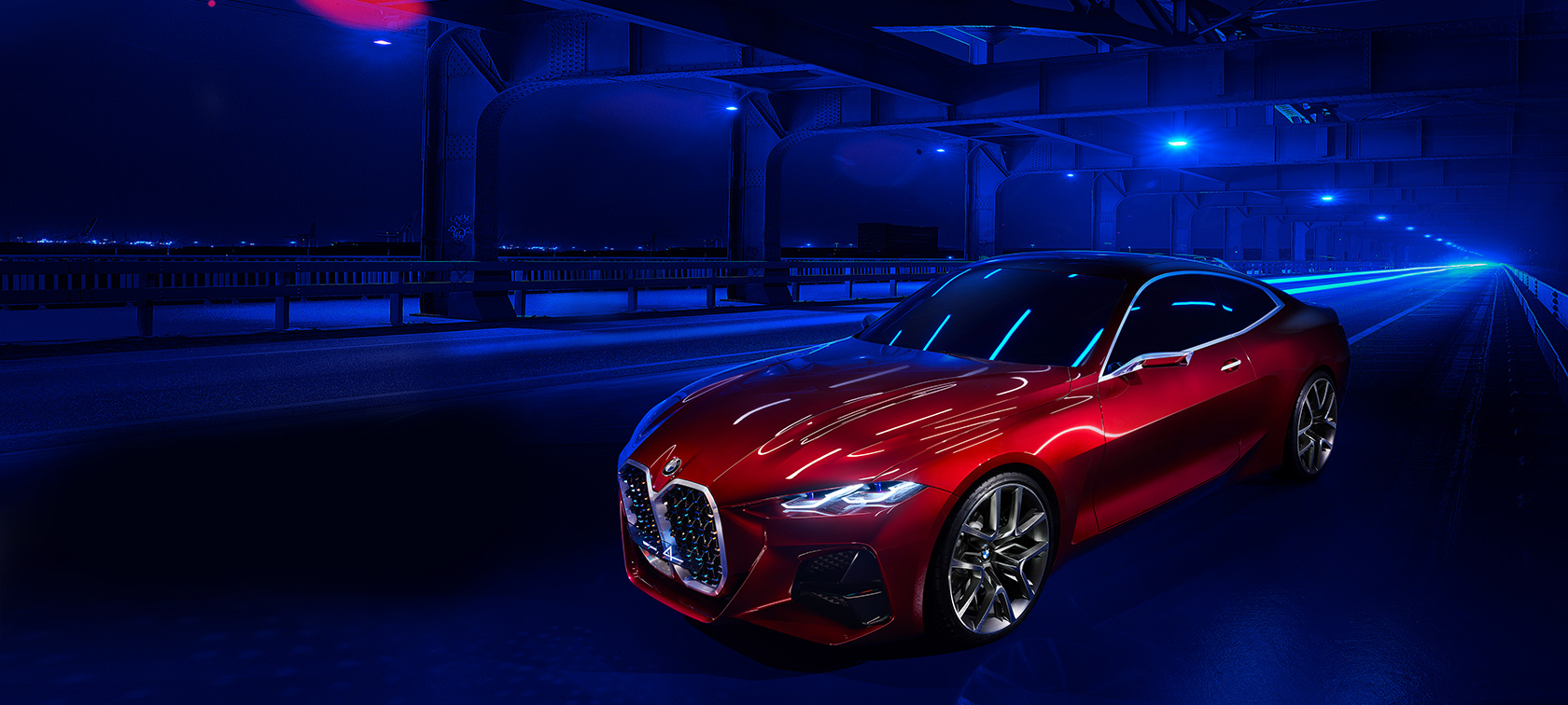 BMW Concept 4 trojštvrťový predný pohľad BMW Concept 4 Forbidden Red, exteriérový dizajn, trojštvrťový predný pohľad počas jazdy