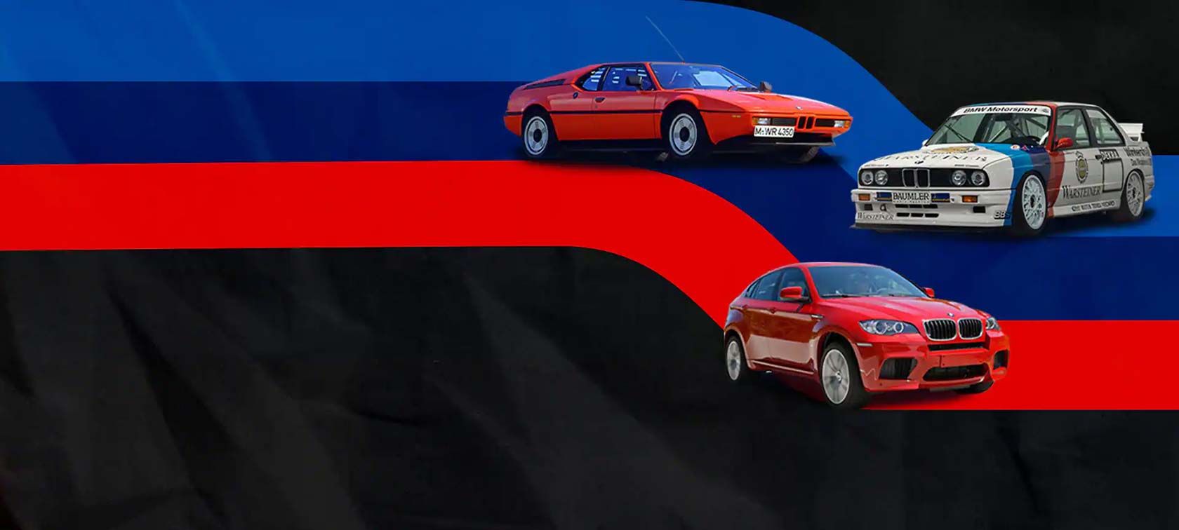 Modely BMW M1 (E26) z roku 1978, BMW M3 (E30) z roku 1986 a BMW X6 M (E71) z roku 2009 na podklade farieb BMW M.